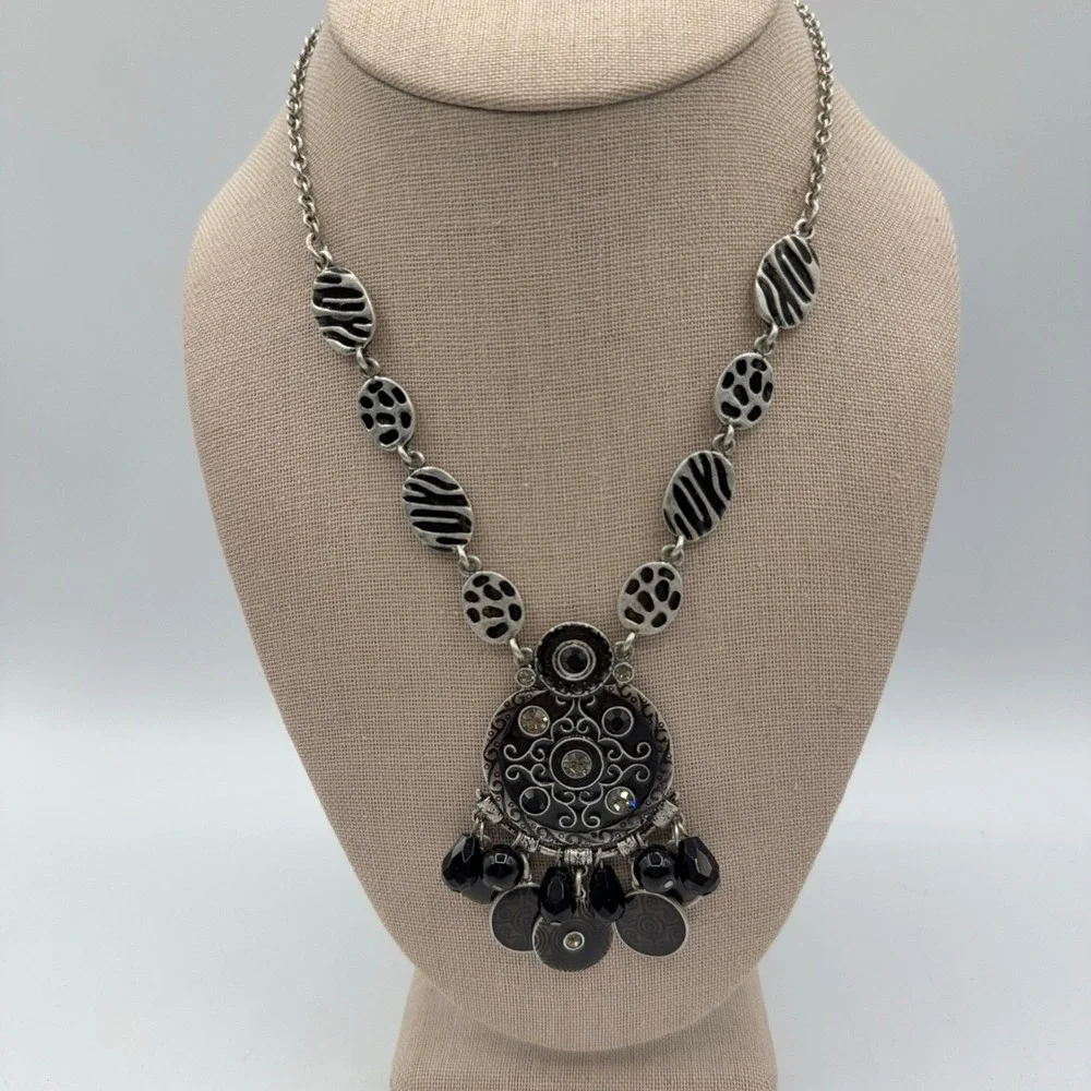 Chico's Statement Necklace Black Silver Tone Animal Print Pendant Dark Romance
